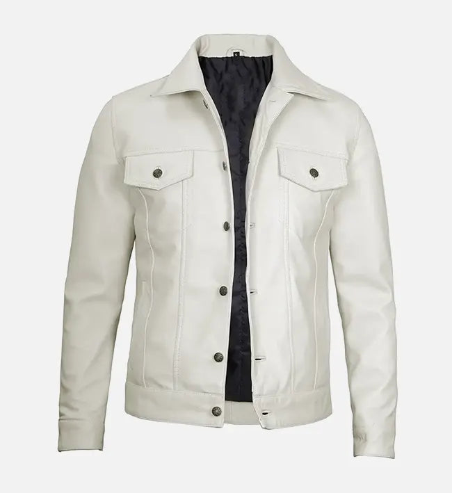 Men’s White Real Leather Trucker Jacket.