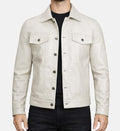 Men’s White Real Leather Trucker Jacket.