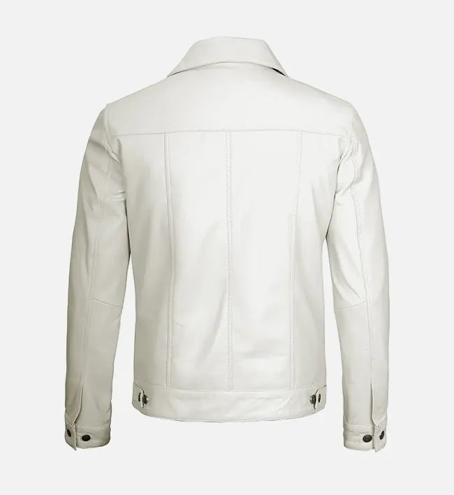 Men’s White Real Leather Trucker Jacket.