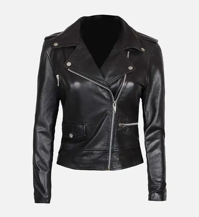 Women’s Asymmetrical Black Leather Biker Jacket.