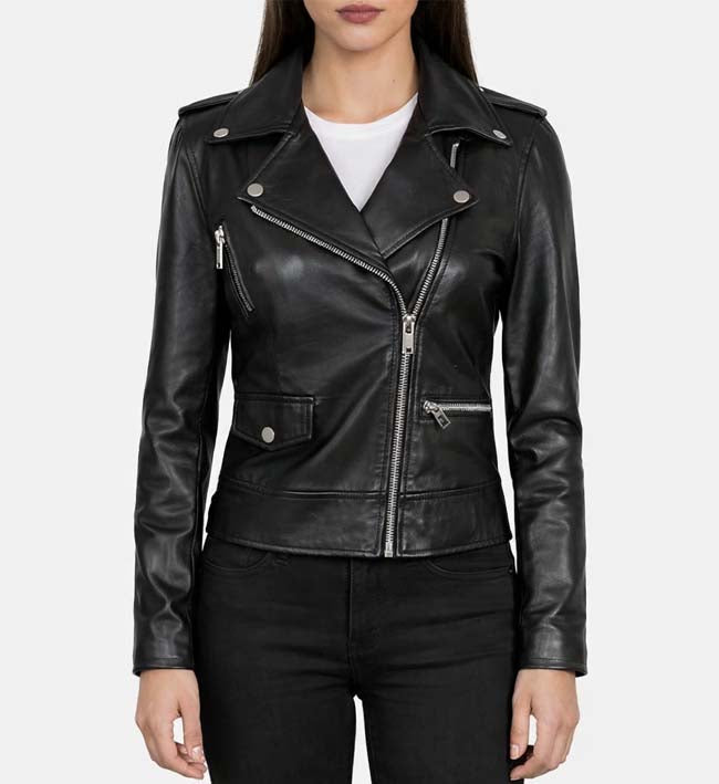Women’s Asymmetrical Black Leather Biker Jacket.