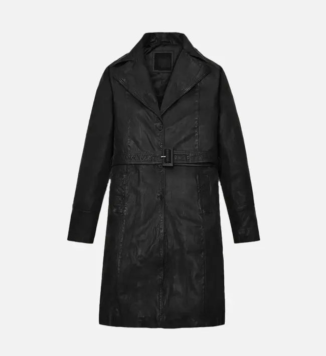 Women’s Asymmetrical Black Leather Long Coat.