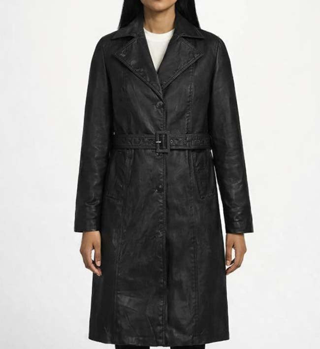 Women’s Asymmetrical Black Leather Long Coat.