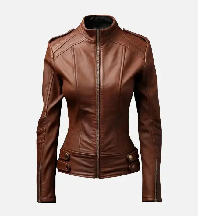 Women’s Brown Bike Style Leather Jacket.