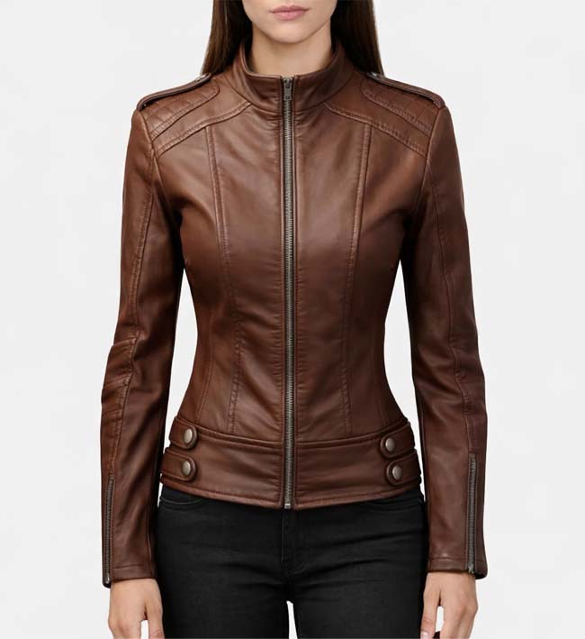 Women’s Brown Bike Style Leather Jacket.