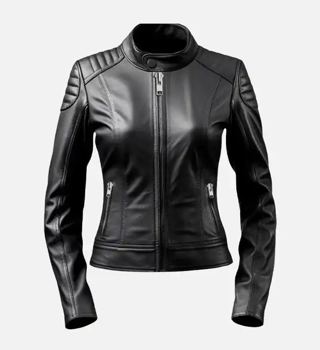 Women’s Black Cafe Racer Leather Jacket.