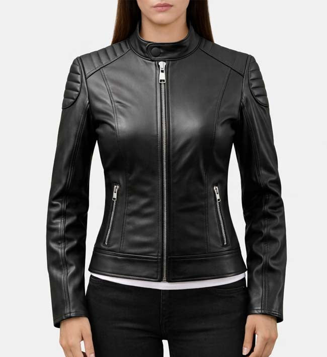 Women’s Black Cafe Racer Leather Jacket.