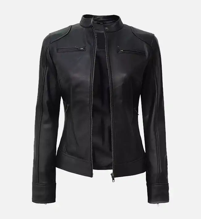 Women’s Black Cafe Racer Real Leather Jacket.