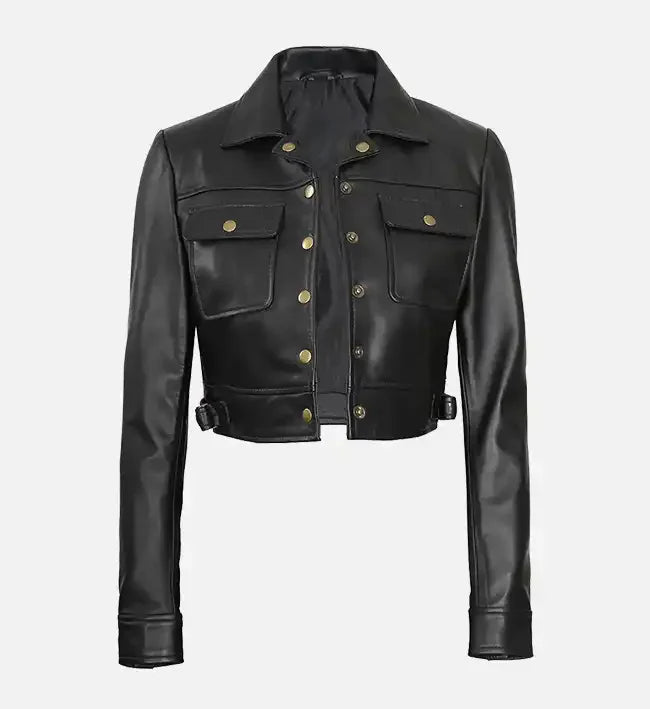 Women’s Black Cropped Leather Trucker Jacket.