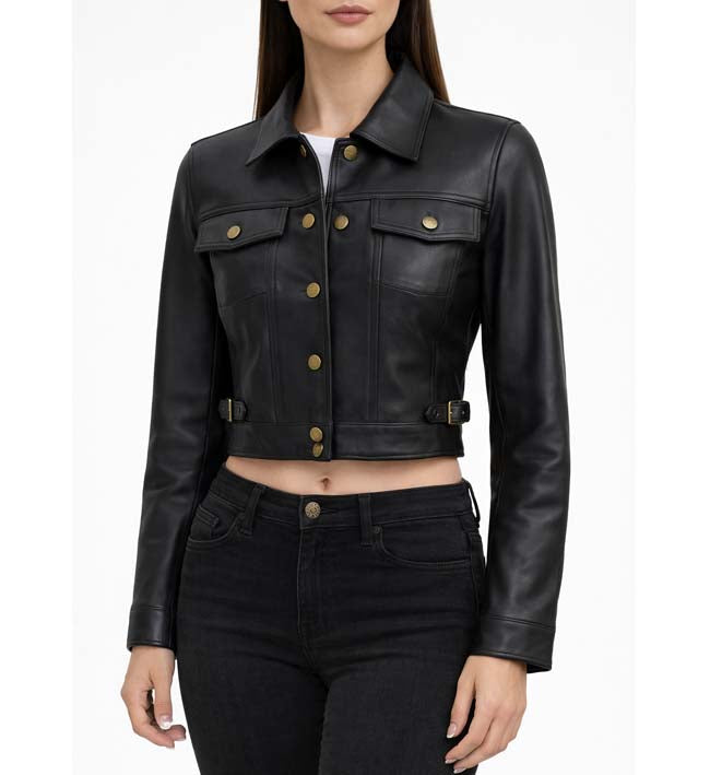 Women’s Black Cropped Leather Trucker Jacket.