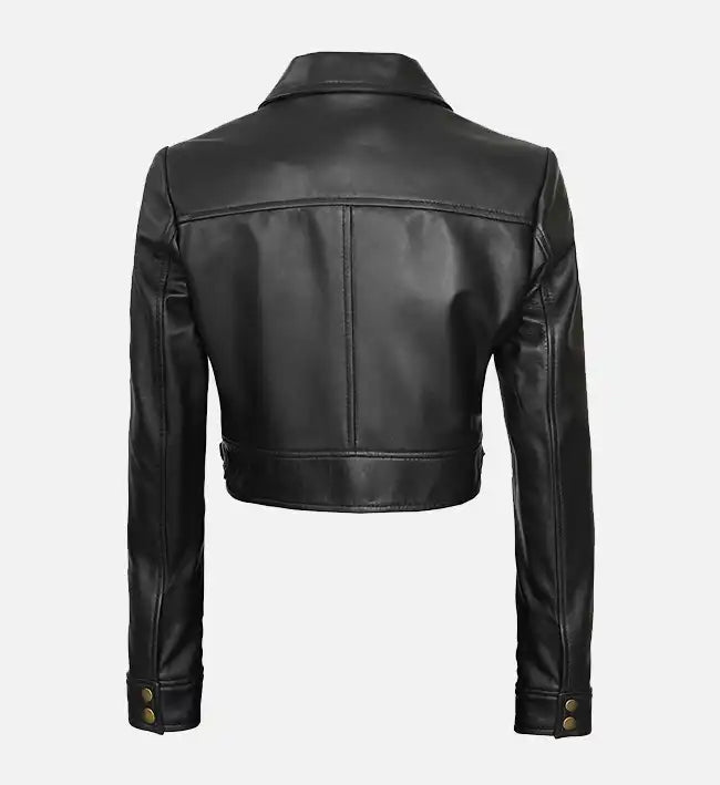 Women’s Black Cropped Leather Trucker Jacket.