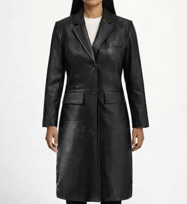 Women’s Black Leather Long Coat.
