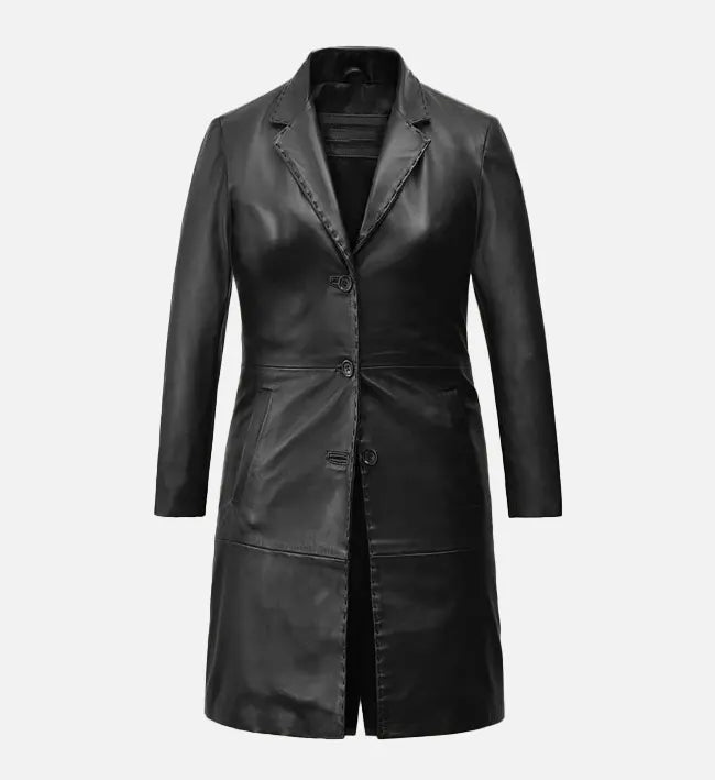 Women’s Black Leather Long Coat.