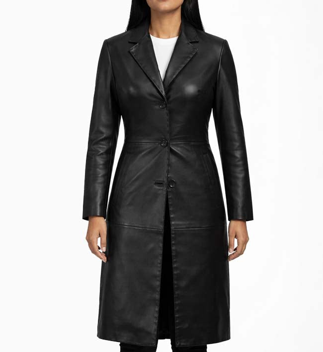 Women’s Black Leather Long Coat.