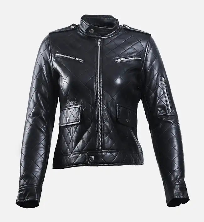 Women’s Black Leather Puffer Jacket.