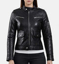 Women’s Black Leather Puffer Jacket.