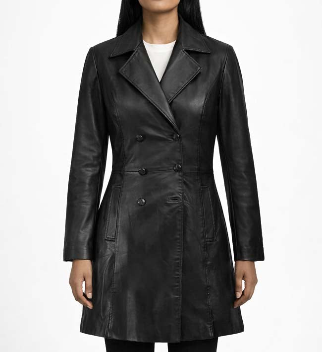 Women’s Black Leather Trench Coat.
