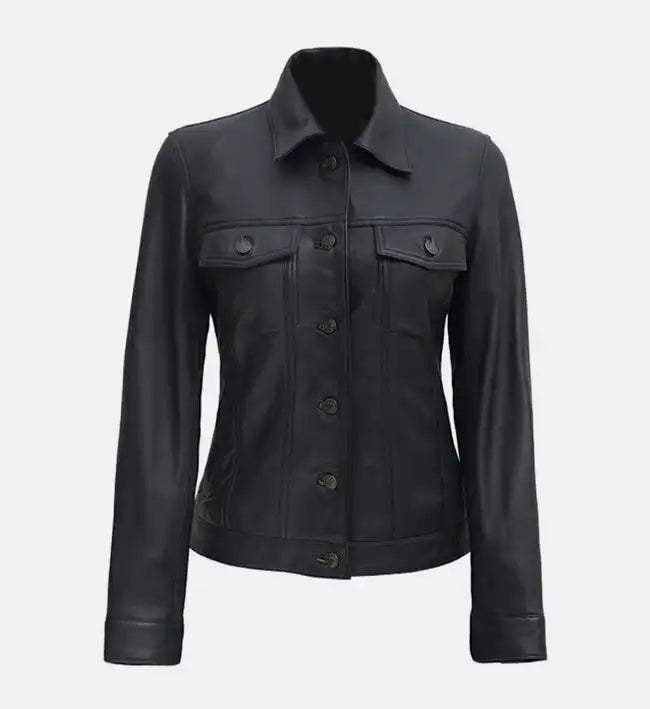 Women’s Black Leather Trucker Jacket.