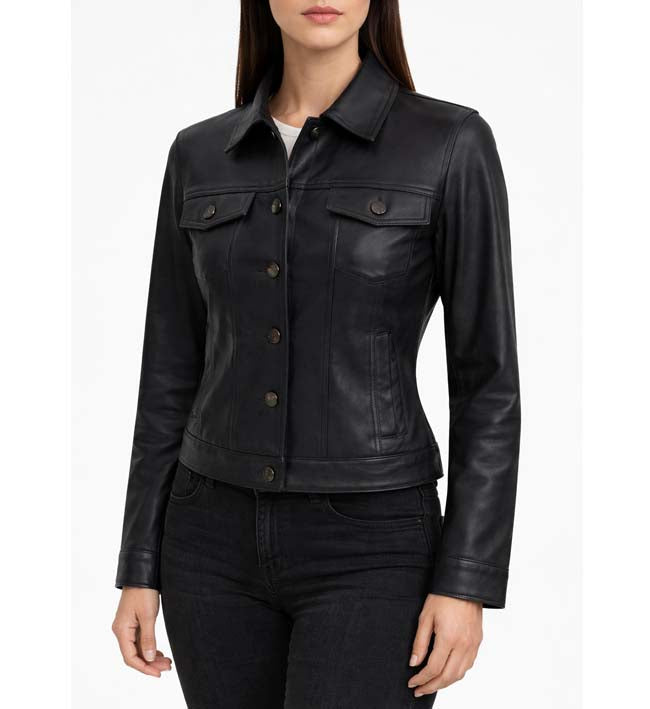 Women’s Black Leather Trucker Jacket.