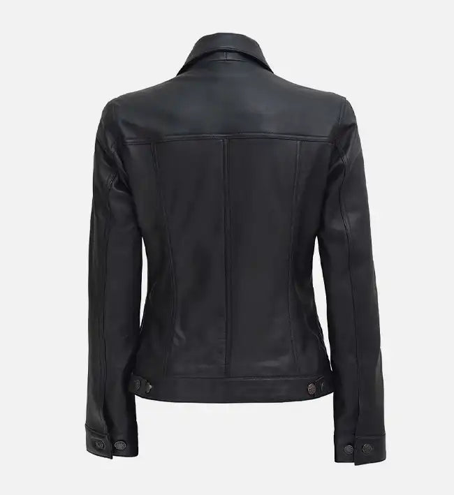 Women’s Black Leather Trucker Jacket.