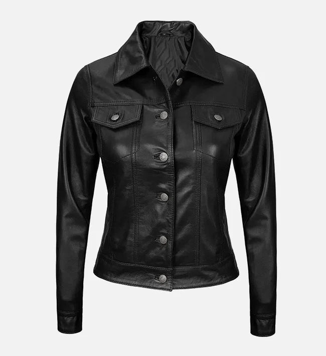 Women’s Black Trucker Leather Jacket.