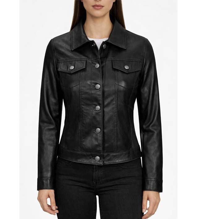 Women’s Black Trucker Leather Jacket.