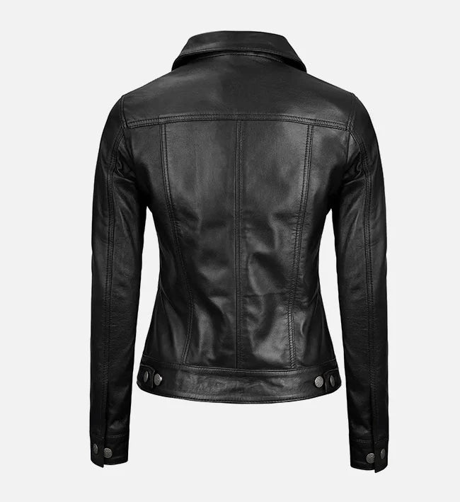 Women’s Black Trucker Leather Jacket.