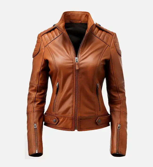Women’s Brown Leather Biker Jacket.