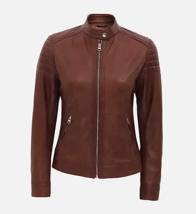 Women’s Brown Quilted Biker Leather Jacket.