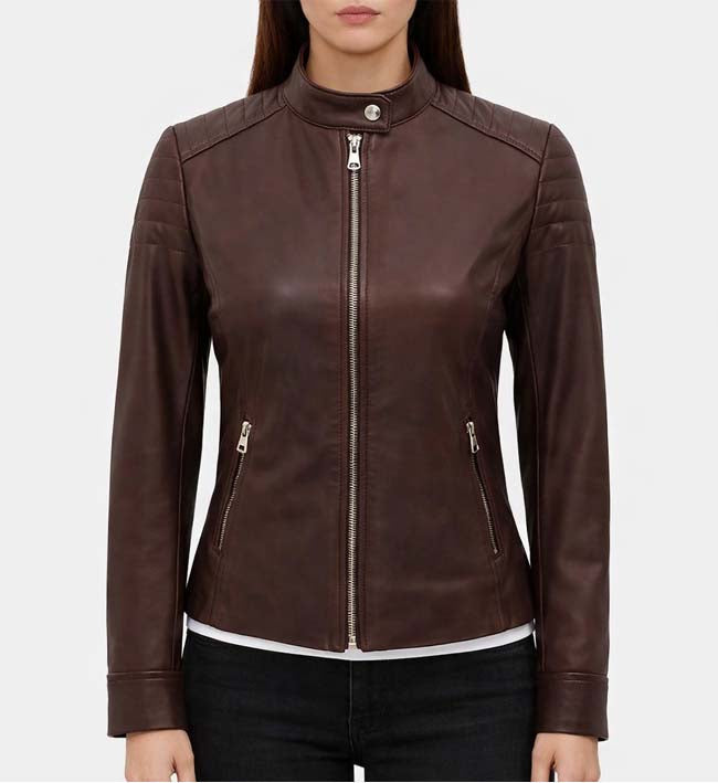 Women’s Brown Quilted Biker Leather Jacket.