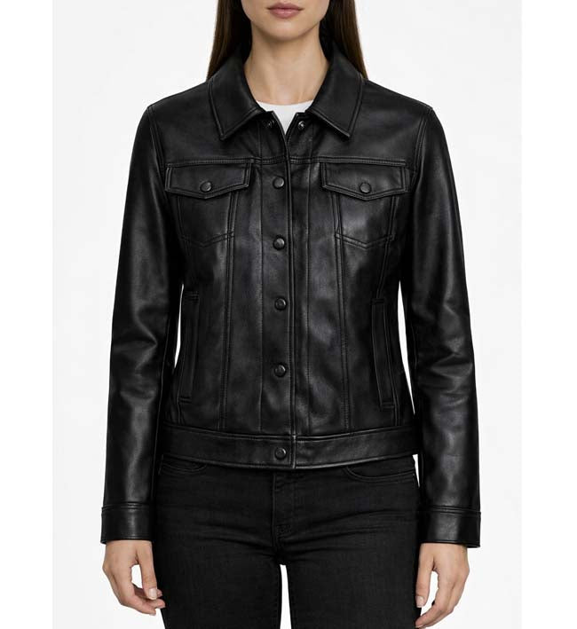 Women’s Classic Black Trucker Button Jacket.