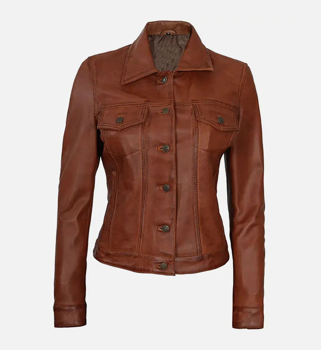 Women’s Cognac Brown Trucker Leather Jacket.