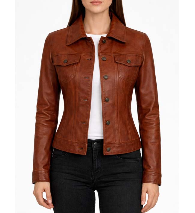 Women’s Cognac Brown Trucker Leather Jacket.