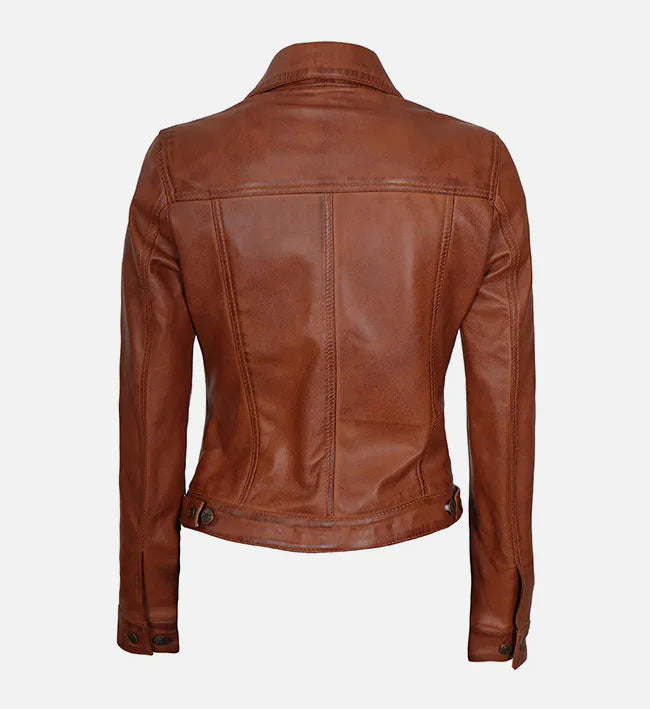 Women’s Cognac Brown Trucker Leather Jacket.