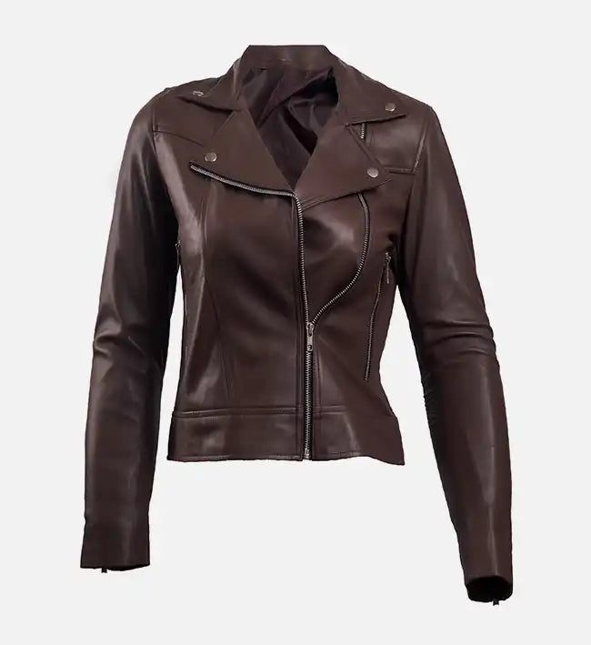 Women’s Dark Brown Leather Biker Jacket.