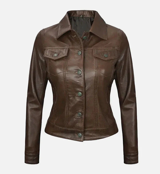 Women’s Dark Brown Leather Trucker Jacket.