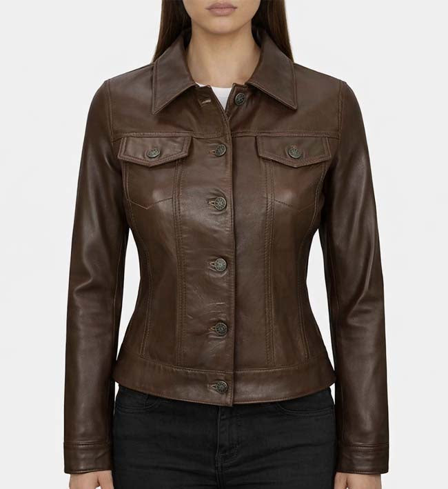 Women’s Dark Brown Leather Trucker Jacket.