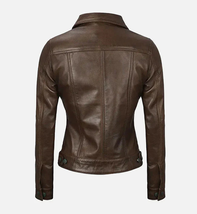 Women’s Dark Brown Leather Trucker Jacket.