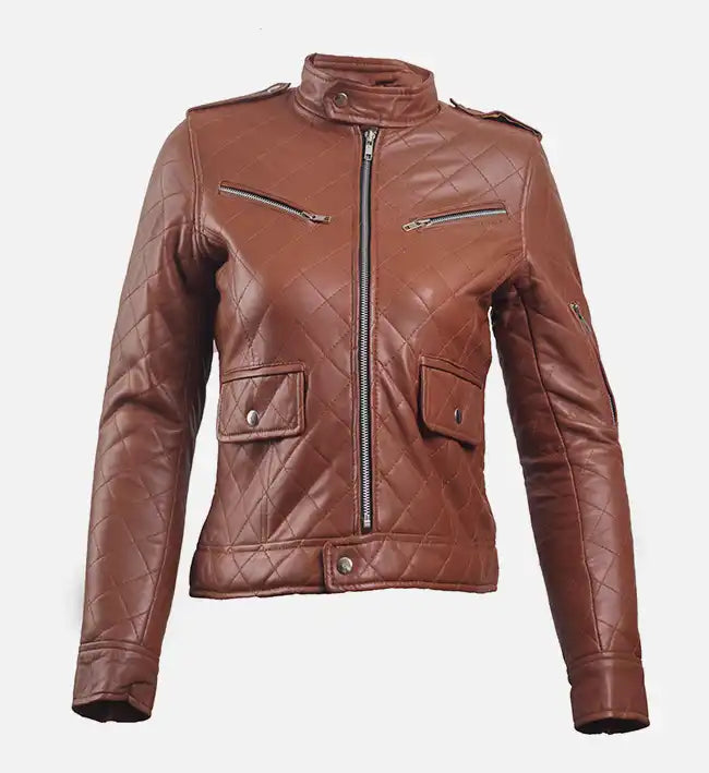 Women’s Diamond Quilted Brown Leather Puffer Jacket.