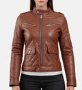 Women’s Diamond Quilted Brown Leather Puffer Jacket.