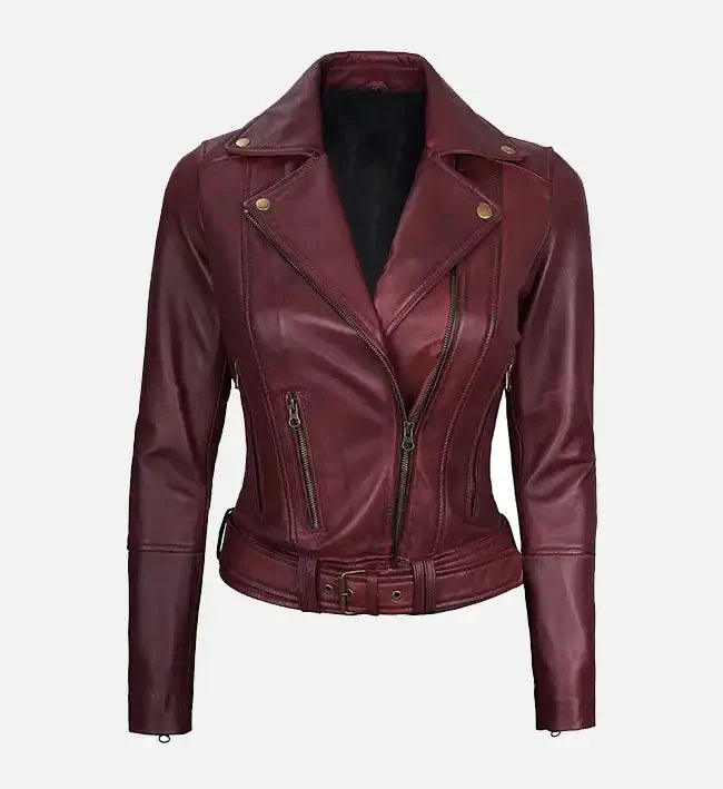 Women’s Maroon Asymmetrical Motorcycle Jacket.