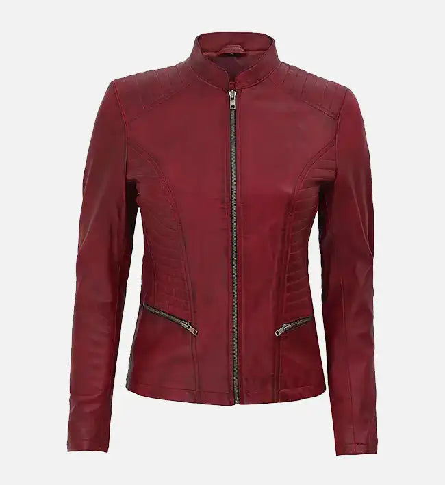 Women’s Maroon Leather Mandarin Collar Jacket.