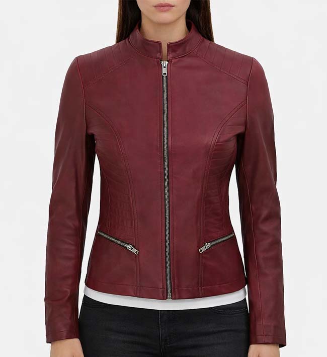 Women’s Maroon Leather Mandarin Collar Jacket.