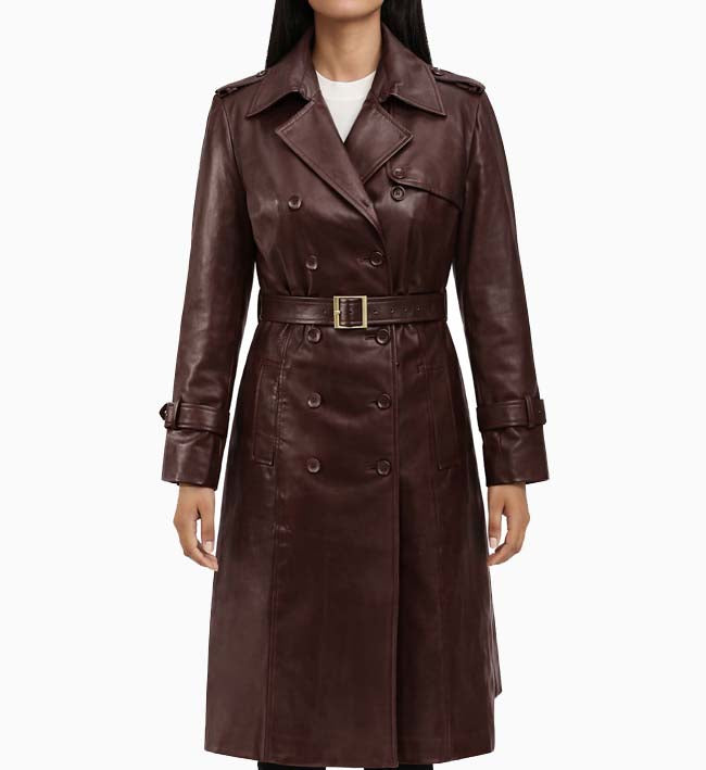 Women’s Maroon Wax Leather Trench Coat.