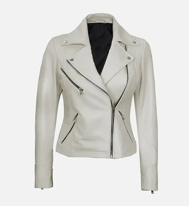 Women’s Moto Style White Leather Jacket.