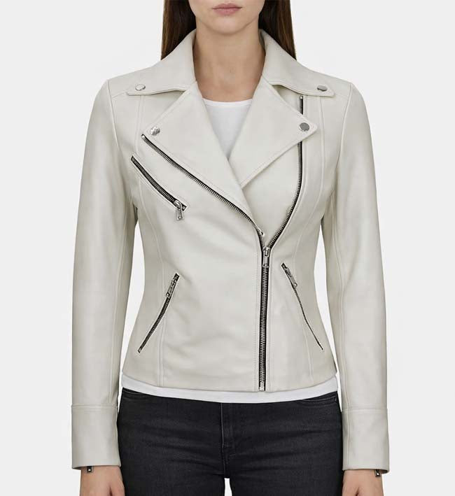 Women’s Moto Style White Leather Jacket.