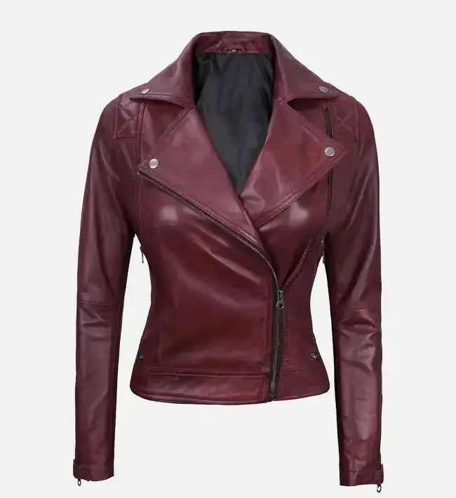 Women’s Quilted Maroon Leather Motorcycle Jacket.