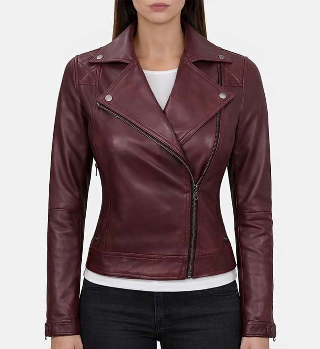 Women’s Quilted Maroon Leather Motorcycle Jacket.