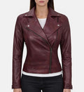 Women’s Quilted Maroon Leather Motorcycle Jacket.