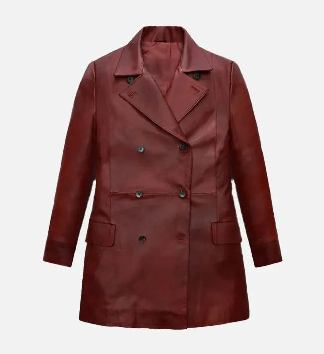 Women’s Red Leather Trench Coat.